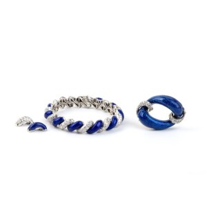 Diamond enamel gold brooch and bracelet -