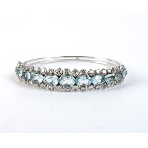 Diamond aquamarine rigid hoop gold bracelet -