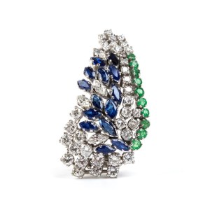 Gold brooch with diamonds, emeralds, and sapphires -