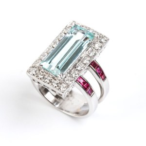 Gold ring with aquamarine, diamonds, and rubies -