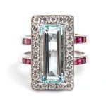 Gold ring with aquamarine, diamonds, and rubies -