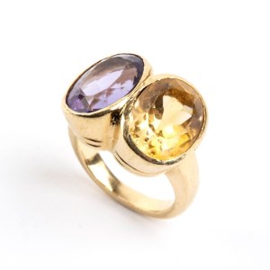 Amethyst citrine quartz gold ring -