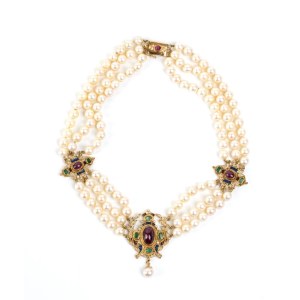 Pearl ruby emerald enamel gold necklace -