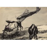 Andrzej Wróblewski (1927-1957), Krowy i samolot / Noworodek (Kompozycja figuralna nr 604), po 10.05.1954