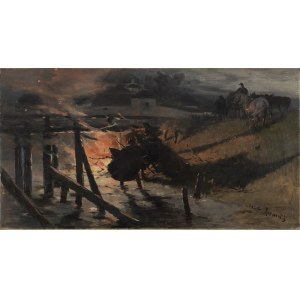Józef Brandt (1841 Szczebrzeszyn - 1915 Radom), Incendie d'un pont dans une ville frontalière, vers 1900
