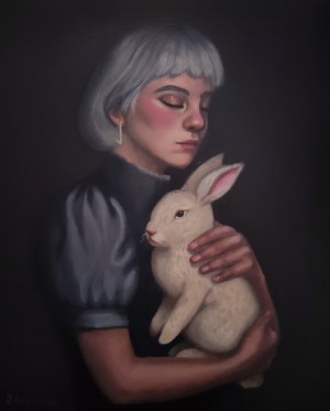 Justyna Gostyńska, Czułość I - kobieta z królikiem, z cyklu Współodczuwanie, 2025