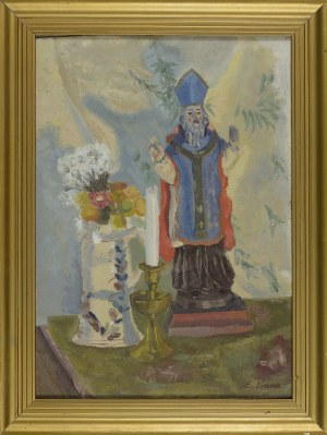 Emil KRCHA (1894-1972), MARTWA NATURA Z FIGURKĄ ŚW. AMBROŻEGO