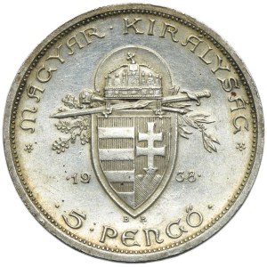 Hongrie, Miklós Horthy, 5 Pengö Budapest 1938 BP