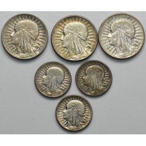 Satz, Kopf einer Frau, 2 Gold und 5 Gold 1932-1934 (6 Stück).