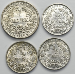 Satz, Deutschland, Deutsches Reich, Wilhelm II, 1/2 Mark und 1 Mark (4 Stück).