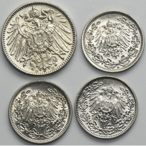 Satz, Deutschland, Deutsches Reich, Wilhelm II, 1/2 Mark und 1 Mark (4 Stück).