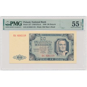 20 złotych 1948 - EC - PMG 55 EPQ - papier prążkowany