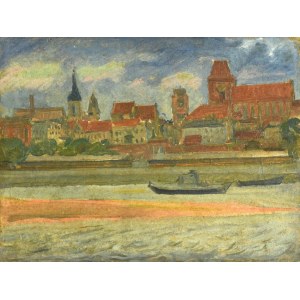 Józef PIENIĄŻEK (1888-1953), Lodě na řece na pozadí panoramatu města Toruně