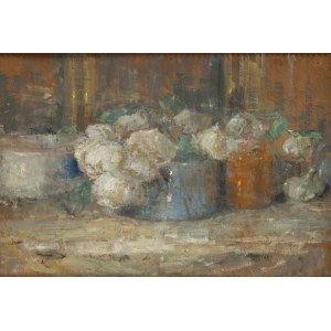 Olga Boznańska (1865 Kraków - 1940 Paris), Still life with white roses in a blue vase, circa 1918