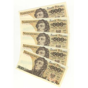 500 złotych 1982, seria FU, FT, FS, FR, FP, zestaw 5 sztuk