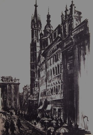 Jan Kulikowski (1914-1995), Kraków - Rynek z widokiem na Kościół Mariacki,1953-55