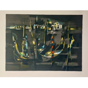 Marcel MOULY (1918-2008) Venise - gondoles devant l'église Saint-Georges la nuit, 1980