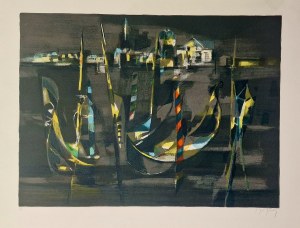 Marcel MOULY (1918-2008) Wenecja - gondole przed kościołem Św.Jerzego nocą,1980