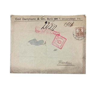 POSTA COMUNALE di Varsavia, valore facciale 6 groszy - Busta con timbro di affrancatura e timbro della censura prussiana a Poznań, 22 dicembre 1916