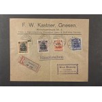 F.W.KASTNER Gniezno advertising envelope with 4 stamps [mixed postage]: Fi 69, Fi 70, Fi 67, and Fi 66, canceled GNIEZNO 9/15/1919
