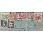 Envelope with 7 stamps [mixed postage]: Fi 121–124a series and stamps Fi 128, Fi 131, Fi 133; "eRki" postmark—Lviv 5b; "Express" label