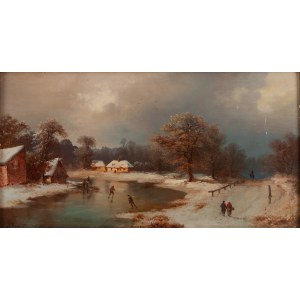 Wiktor Adam Malinowski (1829 Lublin - 1892 Varsovie), Paysage d'hiver avec des patineurs sur un lac gelé, 1872