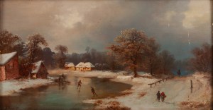 Wiktor Adam Malinowski (1829 Lublin - 1892 Warszawa), Krajobraz zimowy z łyżwiarzami na zamrzniętym jeziorze, 1872