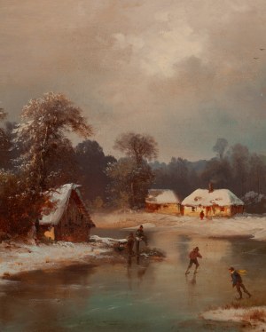 Wiktor Adam Malinowski (1829 Lublin - 1892 Warszawa), Krajobraz zimowy z łyżwiarzami na zamrzniętym jeziorze, 1872