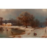 Wiktor Adam Malinowski (1829 Lublin - 1892 Varsovie), Paysage d'hiver avec des patineurs sur un lac gelé, 1872