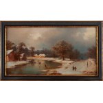 Wiktor Adam Malinowski (1829 Lublin - 1892 Varsovie), Paysage d'hiver avec des patineurs sur un lac gelé, 1872