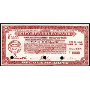 United States of America. 1935 5 Dollars Bond Scrip Specimen