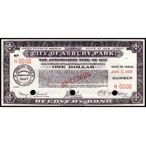 United States of America. 1937 1 Dollar Bond Scrip Specimen