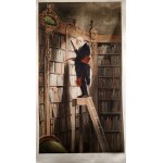 Carl Spitzweg (1808 -1885) - Bookworm - print on silk, F. Bruckmann A.G. Munchen, late 19th century