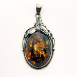 Silver large floral pendant with Amber