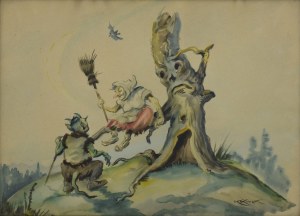 Karol KOSSAK (1896-1975), Baba z miotłą na drzewie i diabeł, 1944