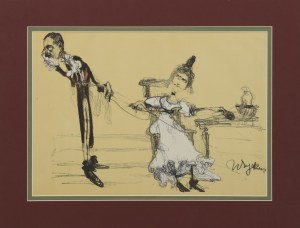 Witold WOJTKIEWICZ (1879-1909), Jadwiga Mrozowska i Andrzej Milewski jako Albin i Klara w Ślubach Panieńskich, (z teki Melpomeny), 1904