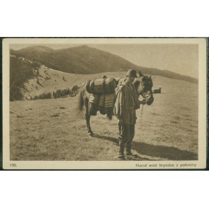 HUCULSZCZYZNA - A Hutsul carries bryndza from a mountain pasture, 190, Photo by L. and M. Heller, Nadwórna, sepia print, ca. 1930