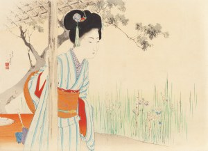 Mizuno Toshikata (1866 - 1908 ), Dziewczyna w irysowym ogrodzie , 1897