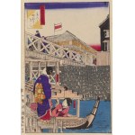 Utagawa Kuniteru II (1830 - 1874), Kobiety na łodzi pod mostem Yanagibashi w Tokio , 1873