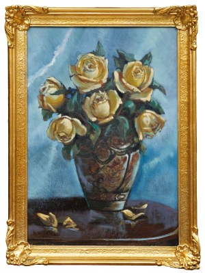 Stanisław WIŚNIEWSKI, ŻÓŁTE RÓŻE W PORCELANOWYM WAZONIE