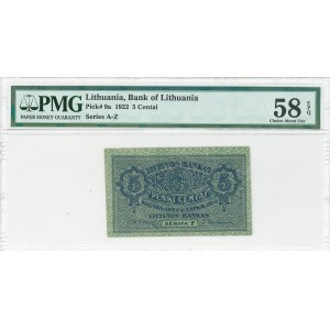 Lithuania, 5 centai 1922 - PMG 58 EPQ