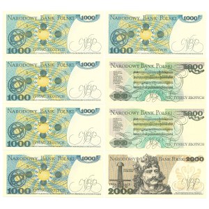 PRL, 1000, 2000 und 5000 Zloty - Satz von 8 Exemplaren.