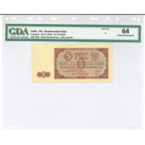 People's Republic of Poland, 5 gold 1948 AU GDA 64