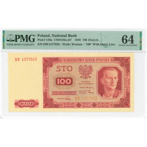 People's Republic of Poland, 100 gold 1948 HW - striped paper PMG 64