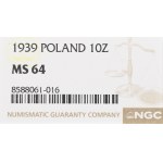 II Republic of Poland, 10 zloty 1939 Pilsudski - NGC MS64
