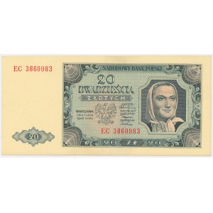 République populaire de Pologne, 20 zlotys 1948 EC - papier strié
