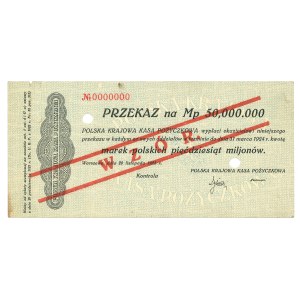 II RP, Przekaz na 50 mln marek polskich 1923 - WZÓR - numeracja 0000000