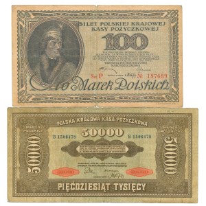 Second Polish Republic, 100 Polish marks (series P!) and 50,000 Polish marks.