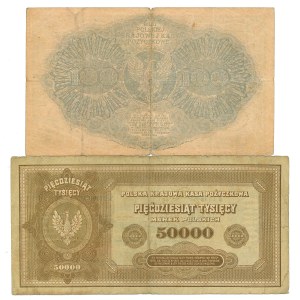 Second Polish Republic, 100 Polish marks (series P!) and 50,000 Polish marks.