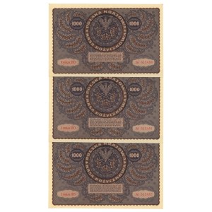 Second Polish Republic, 1000 Polish marks 1919 I Series DD - set of 3 pcs. (II)